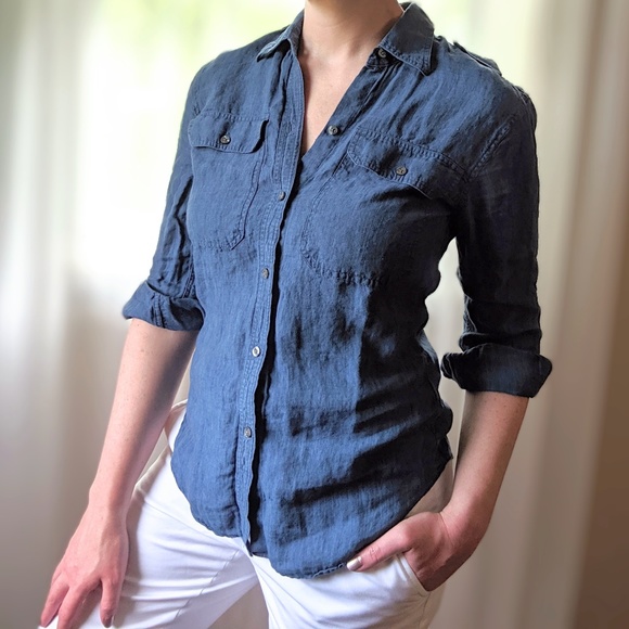 Lauren Ralph Lauren Tops - Ralph Lauren Dark Blue Chambray Linen Button Down